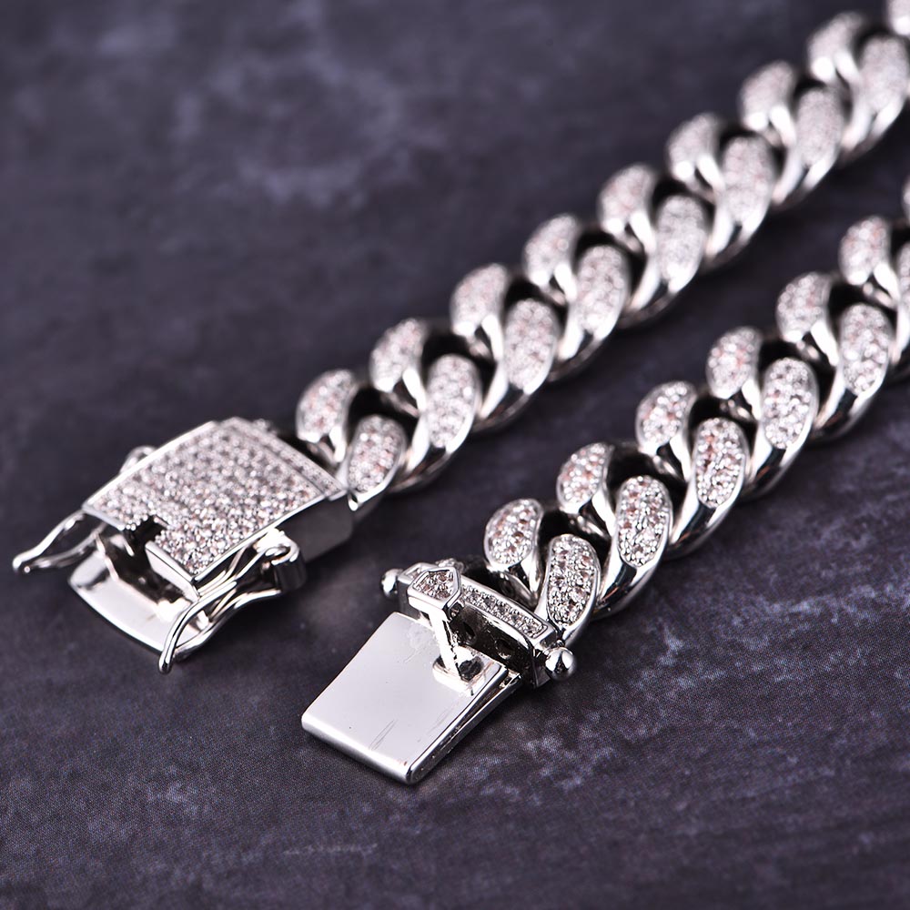 12mm White Gold Iced Cuban Bracelet - Jeupeter