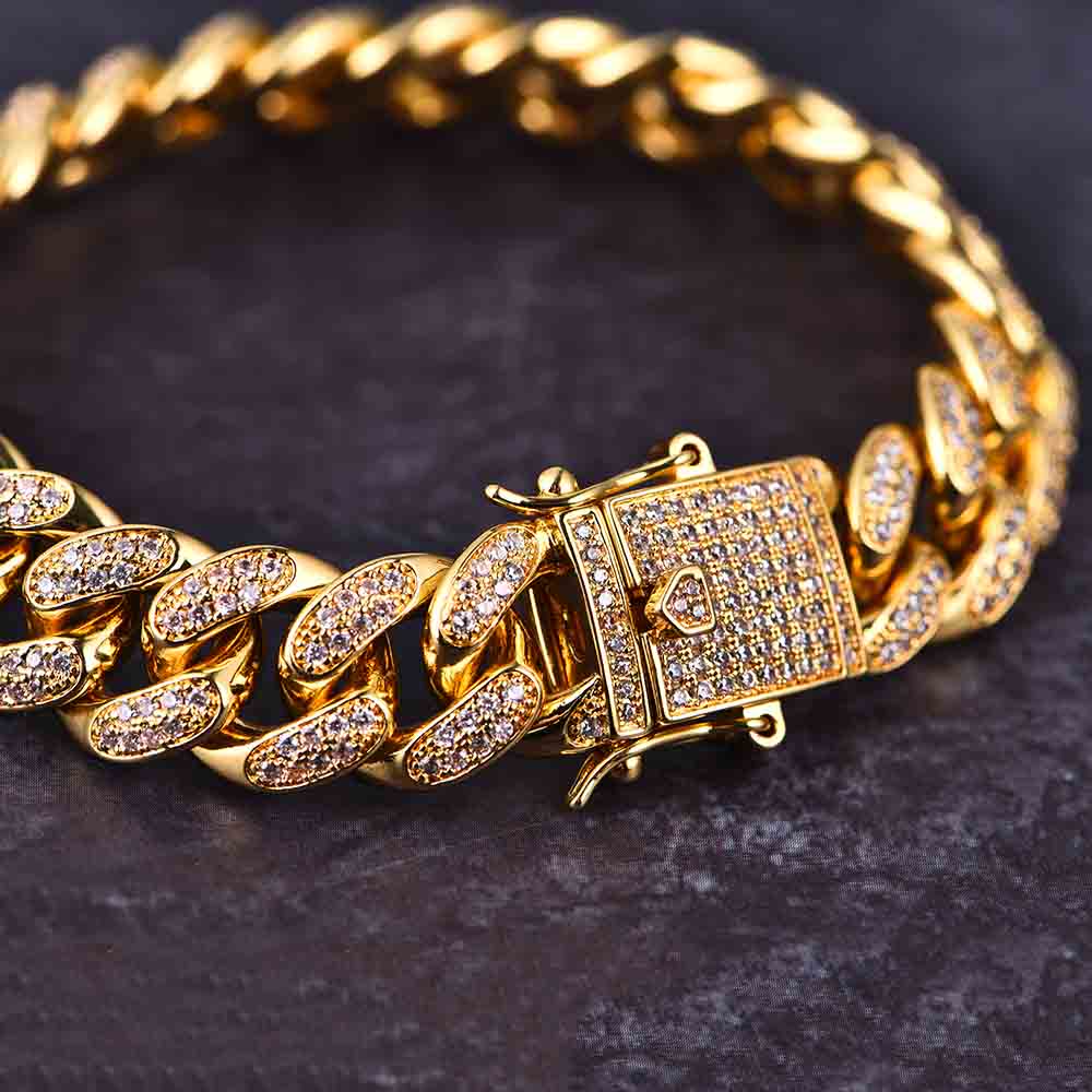 12mm 14K Gold Iced Cuban Bracelet - Jeupeter